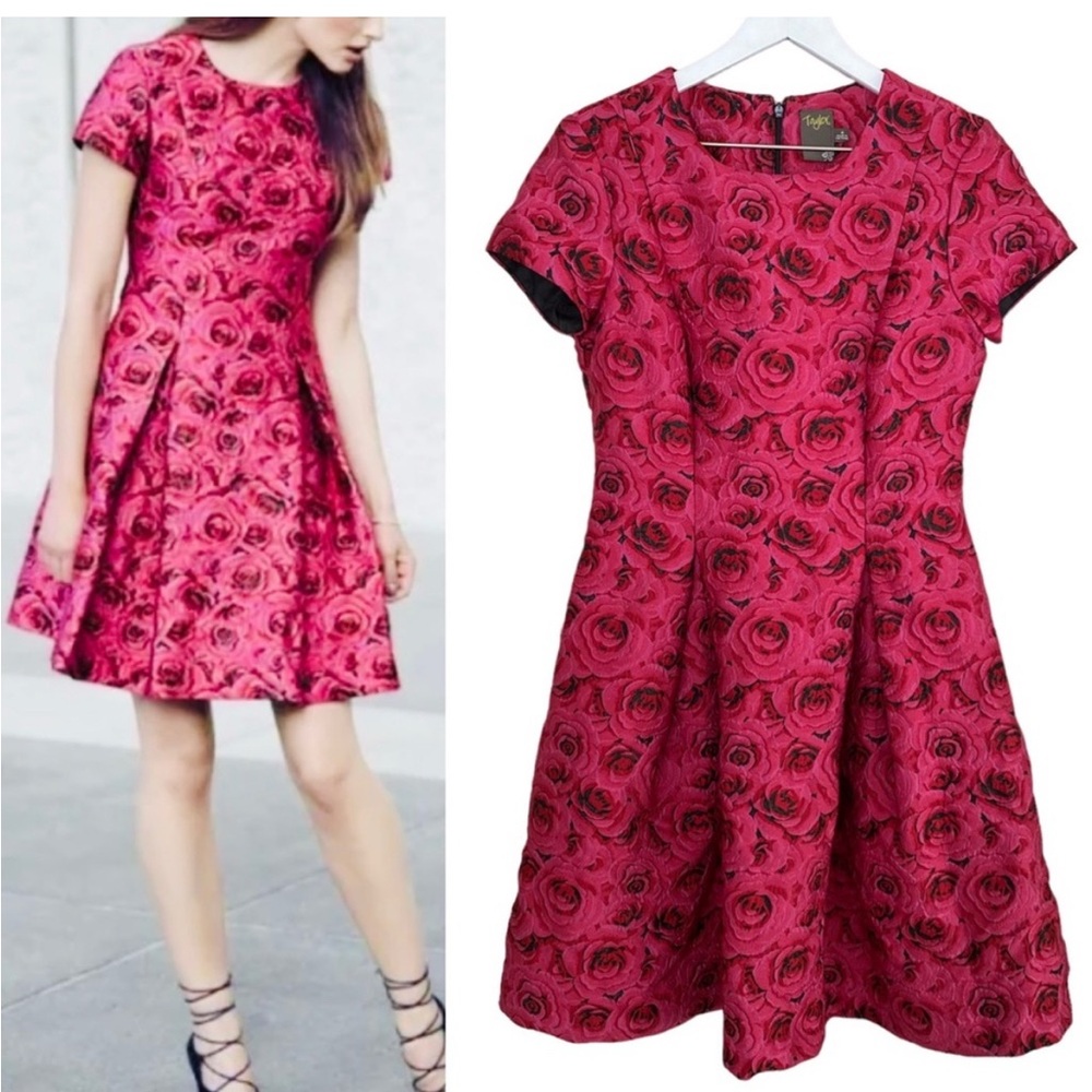 Taylor Rose-Print Fitted Waist Midi Dress in Fuchsia
